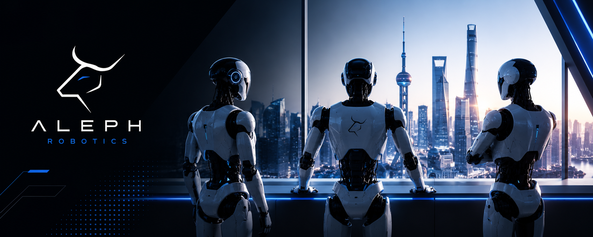 Humanoid robots overlooking a futuristic city